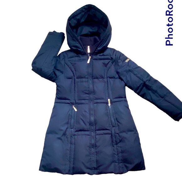 Vince Camuto Womens Puffer Down Hooded Coat Navy Blue Double Zip Pockets - Picture 2 of 16